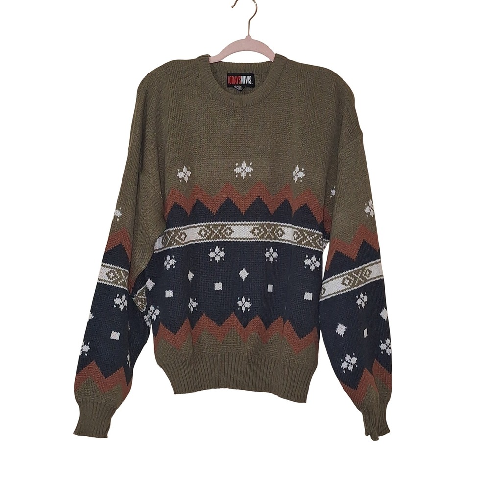 Vintage Todays News Men XL Crewneck Sweater Fair Isle Geometric Olive Green 90s